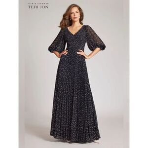 Teri Jon by Rickie Freeman Polka Dot Pleated Chiffon Gown US2